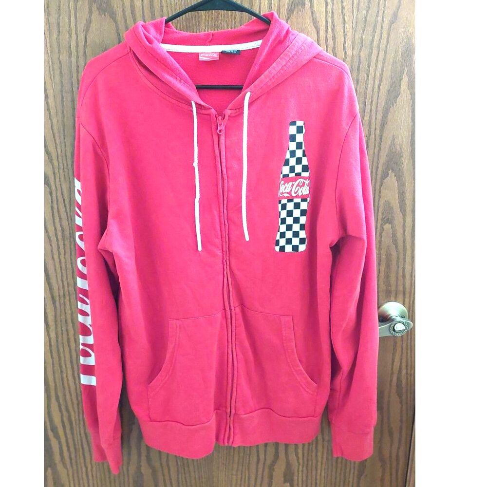 Coca-Cola Red Full Zip Hoodie Sweatshirt Checkerboard Bottle Graphic Medium